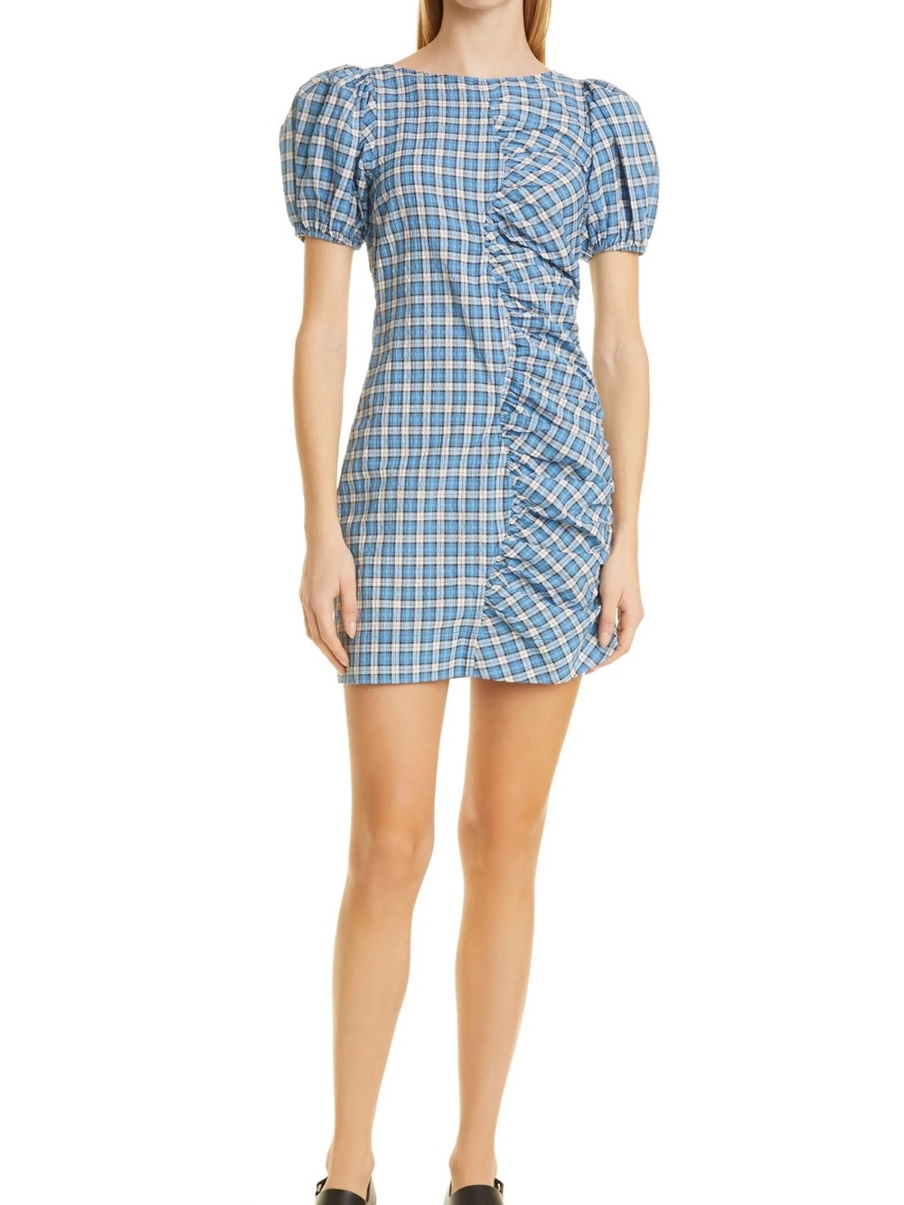 Ganni Check Ruched Seersucker mini dress